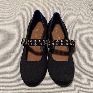 Rothy's Black Flats with Blue Trim and Gold Studded Strap